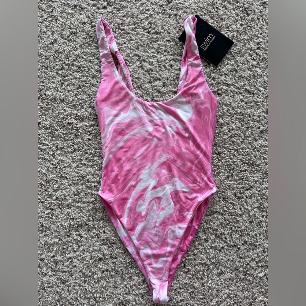 👙 NWT Naked Wardrobe Pink Marble One Piece Bathing Suit - Picture 2 of 8